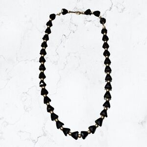 Vintage Signed Simmons Black Glass Gold Tone Choker Necklace